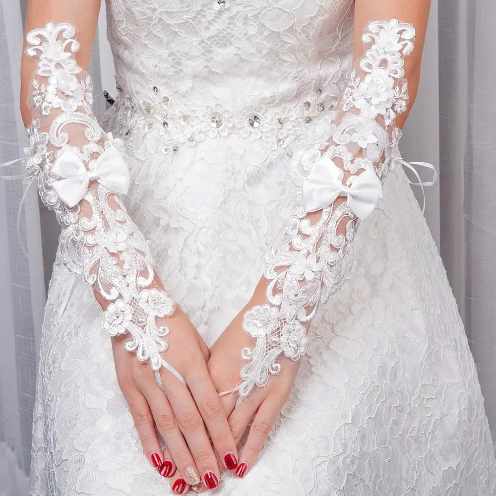 JaneVini 2019 New Elegant Bridal White Fingerless Gloves Lace Elbow Length Appliques Pearls Long Women Party Wedding Accessories | Свадьбы и
