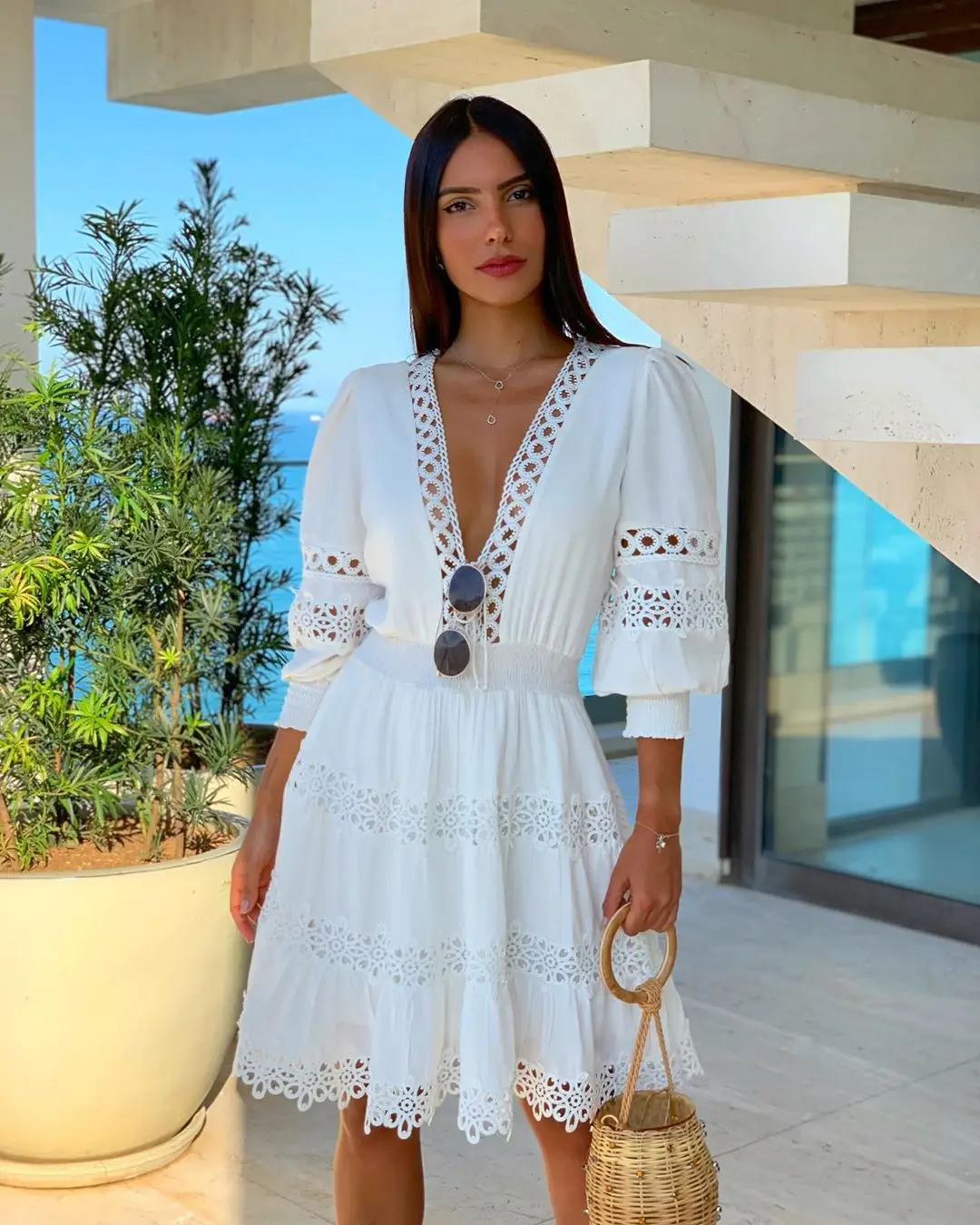

White Deep V Neck Lace Trim Dress Women Half Sleeve Hollow Out Dress Summer 2019