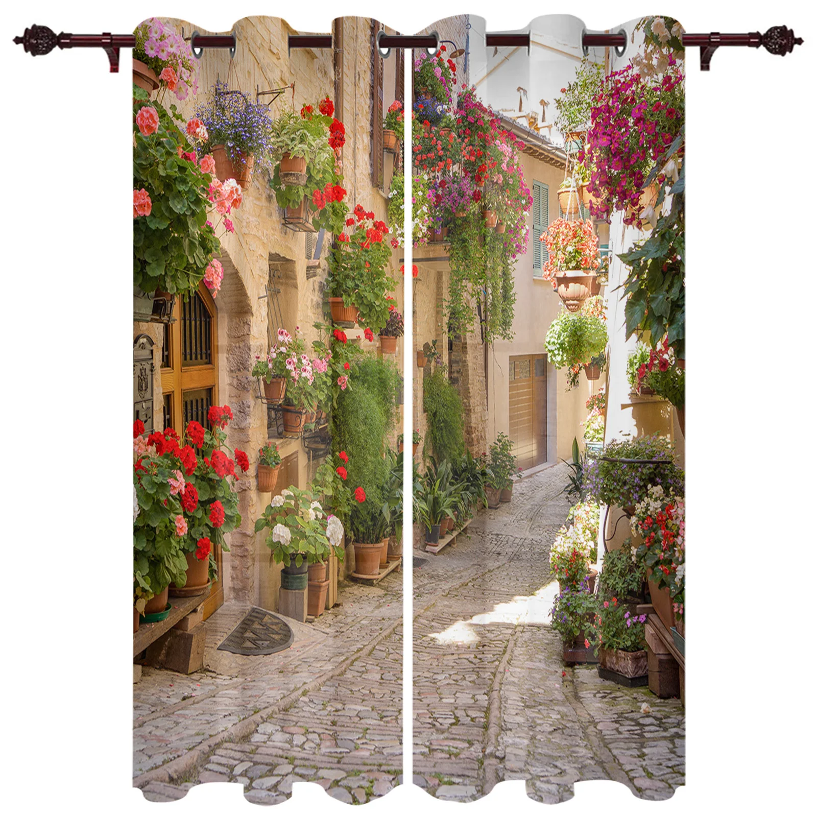 

Spello Town Flower StreetWindow Curtains for Living Room Bedroom Luxury Home Decor Valance Curtains for Kitchen