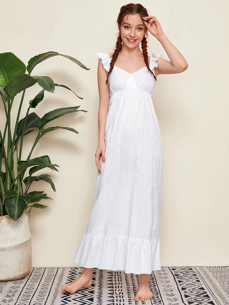 

Cotton Linen White Suspenders Pijamas Female Summer Fresh Princess Retro Palace Sexy Lotus Leaf Nightdress Girl Fancy Nightgown