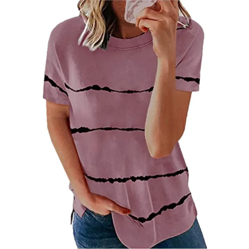 

Summer New T-shirt Ladies Fashion Striped Printing Short-Sleeved Round Neck Tops Ladies Casual Loose Tops T-Shirts