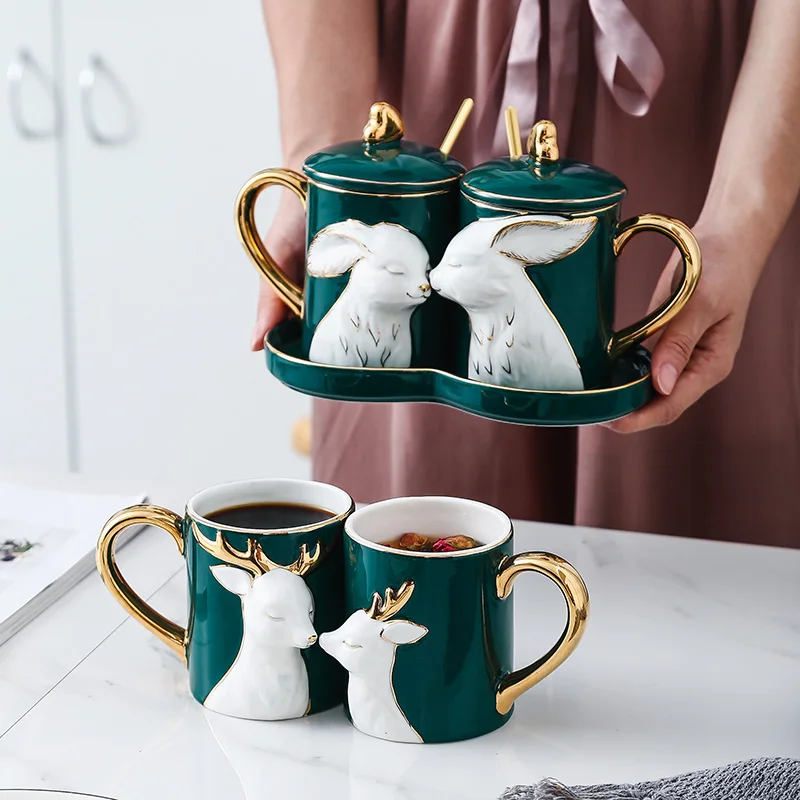 

2Pcs/Set Nordic Mug Couple Pair Cup Creative Spoon with Lid Ceramic Love Cup Tray Lid Valentine Day Wedding Gift Box Milk Mugs