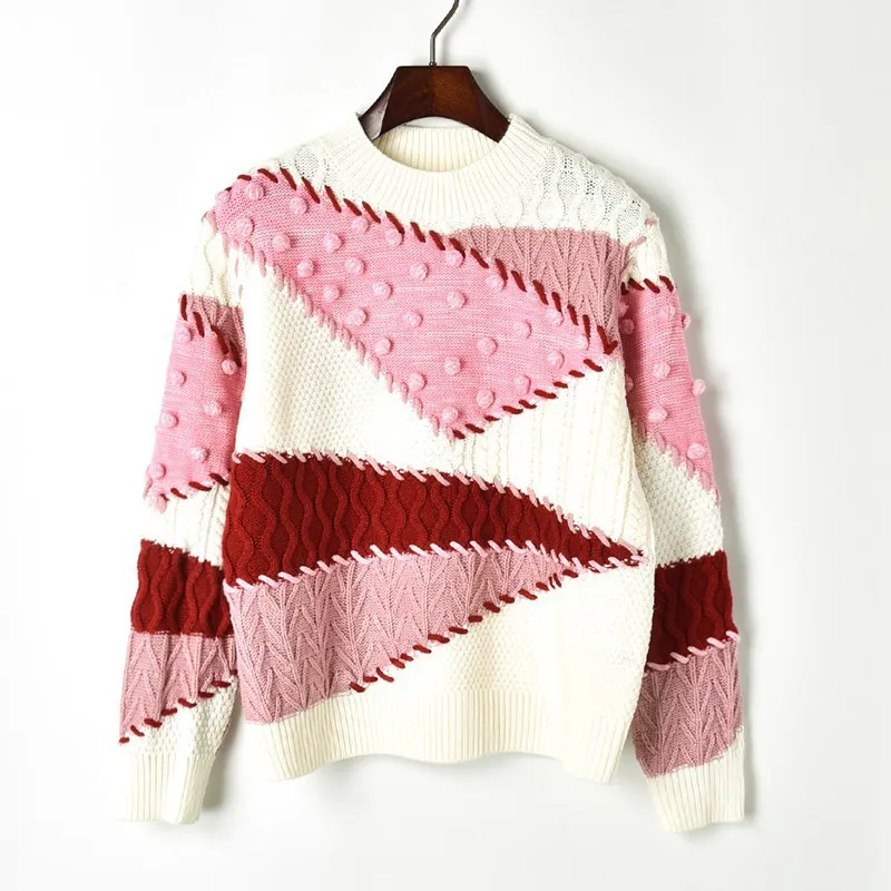 2018 геометрический лоскутный женский свитер с объемным помпоном осенне-зимний