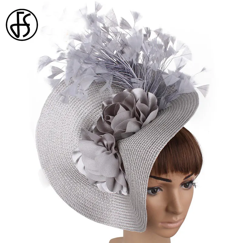 FS Imitation Straw Big Derby Fascinator Hat For Wedding Women White Flower Headpiece Headband Fancy Feather Race Hair Accessorie