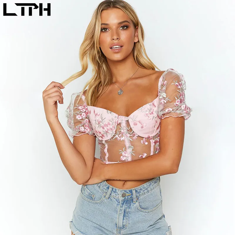 2020 лето новое прибытие тонкая талия сетки сращивания кружева женщины блузки