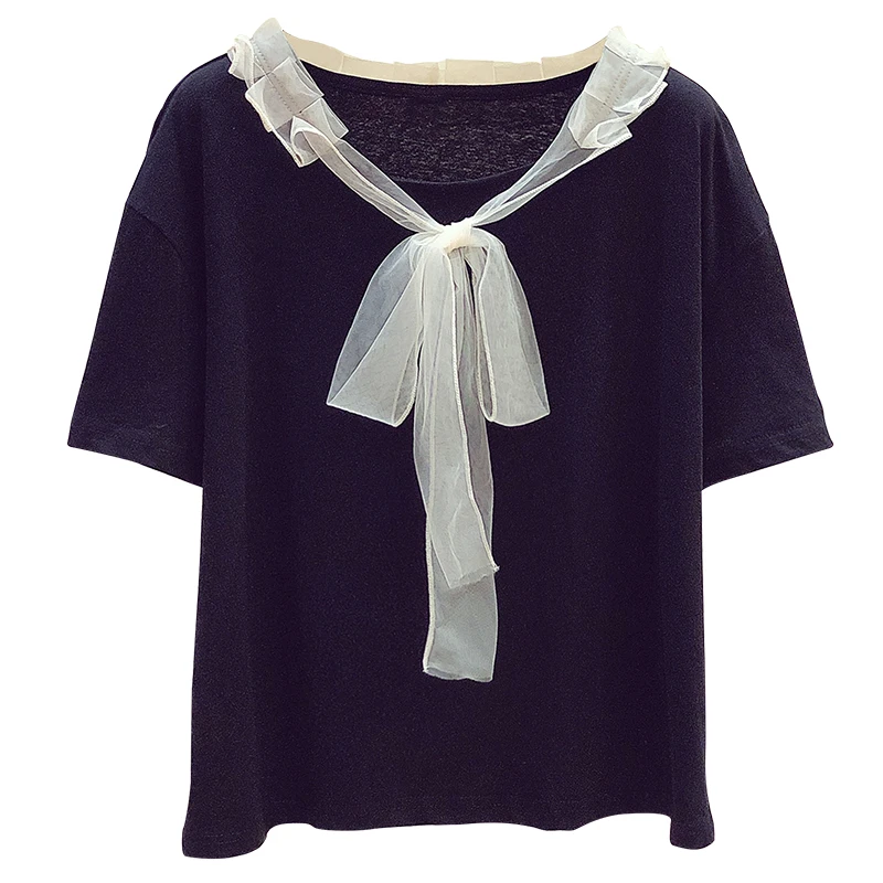 

Fashion Women's Short Sleeves Mesh Bow T-shirt Tee 2020 Summer Laides Pullover Casual Tops Girls Tees A3400