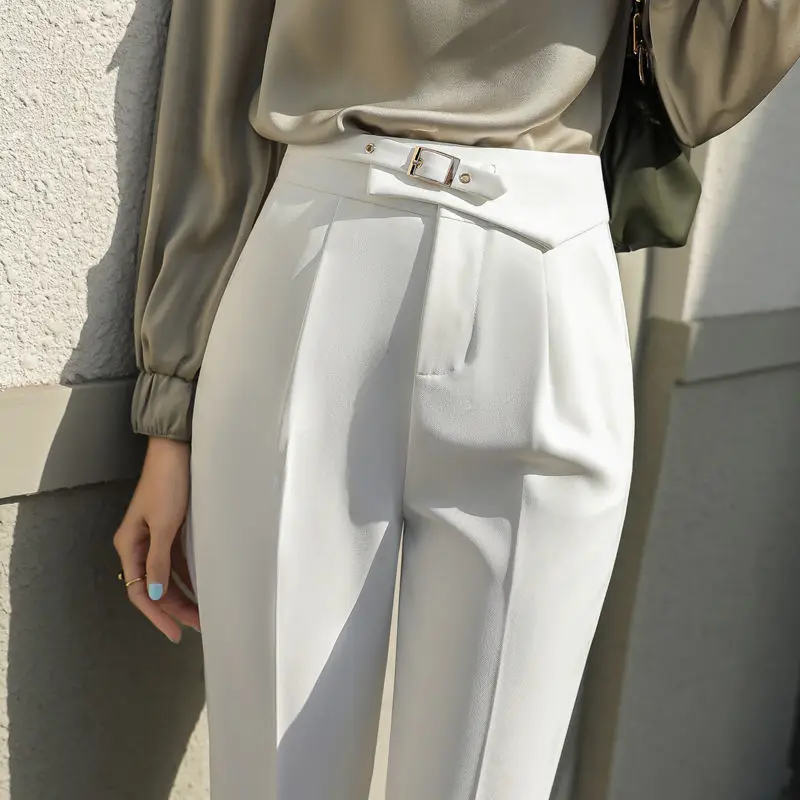 

2021 Women Spring Elegant Harem Pant Female Sashes Pockets Solid High Waist Trousers Ladies Casual Loose Straight Suit Pant E965