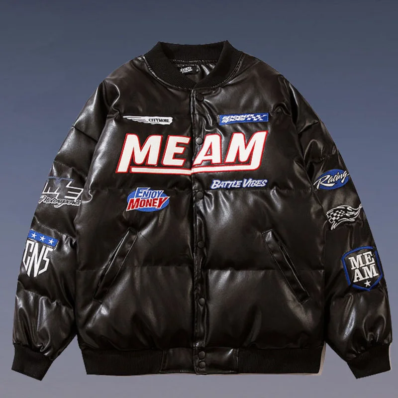

2021 Thick Motorcycle Men Baseball Jacket High Street Long Sleeve PU Warm Cotton Bomber Jackets Outwear Loose Men's Winter Coat