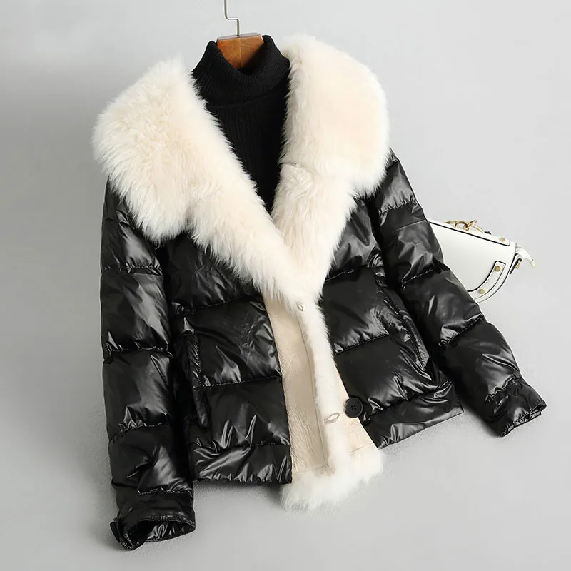 Женская куртка на утином пуху с натуральным мехом двухстороннее пальто из 100%