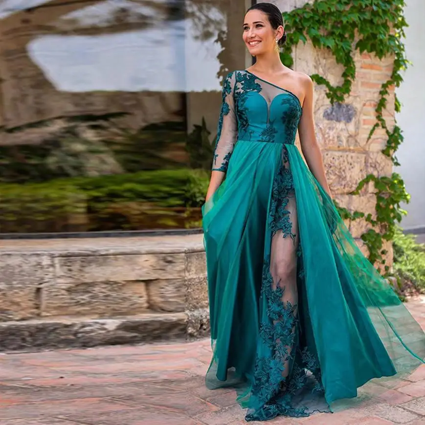 

Elegant Emerald Green Lace Evening Dresses Sexy One Shoulder See Through Long Prom Dress Floor Length A Line Pageant Runway Gown