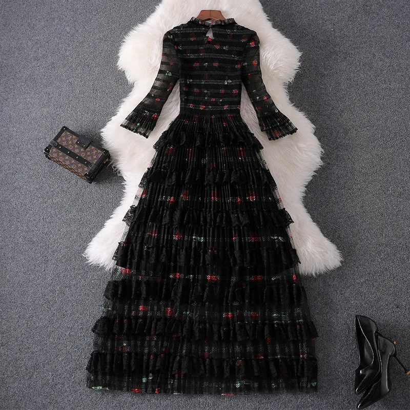 Элегантный леди взъерошенный слой торт вечернее платье для выпускного вечера Женщины Подиум Мода Осень цветочный принт кружева лоскутное миди сексуальное Тюлевое платье