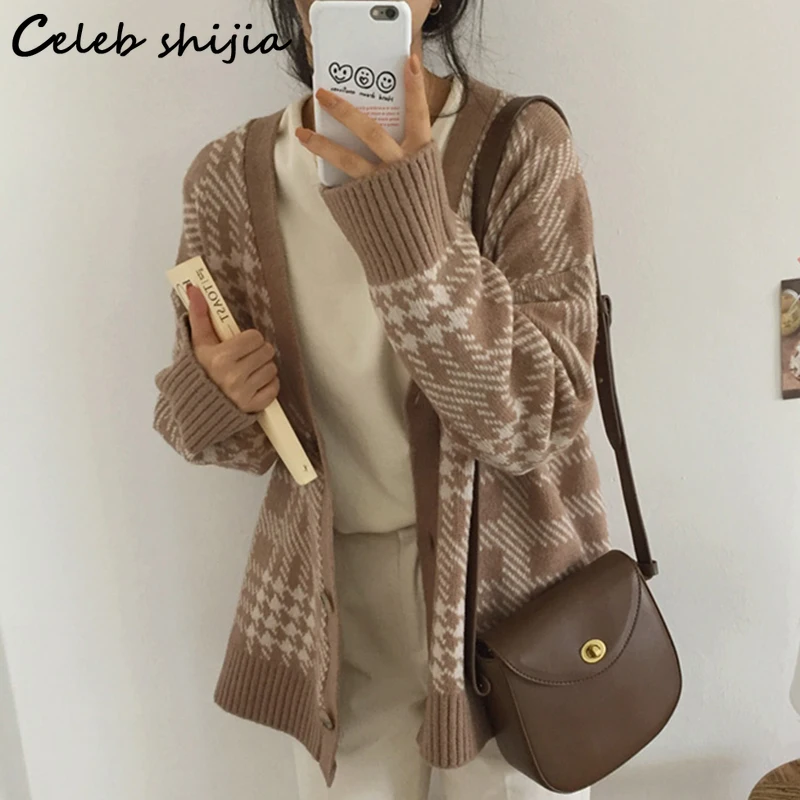 

SHIJIA Khaki Wool Sweater Woman Cardigan V-neck Single-breasted Knitted Jacket Autumn Winter Vintage Loose Harajuku Sweater