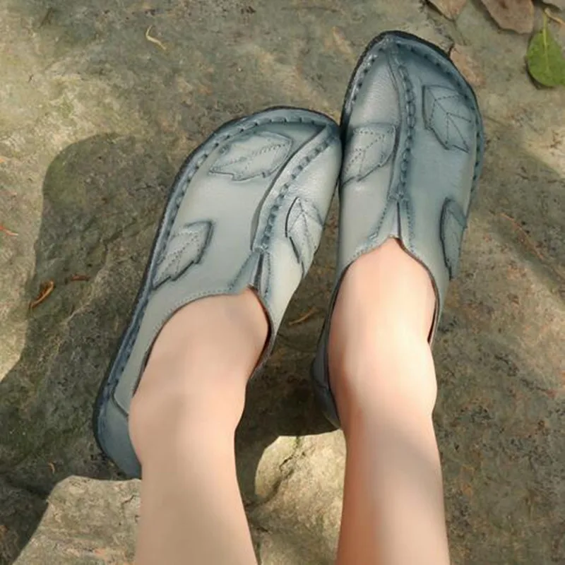 

2021 Spring New Retro Handmade Flowers Women Fashion Shoes Genuine Leather Shoes Women Shoes Flat Soft Comfortable Casual Flats