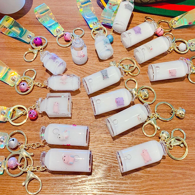 

New 1Pcs Acrylic Animal Floating Bottle Keychain Simulation Milk Quicksand Liquid Keyring Key Jewelry Accessories Gifts