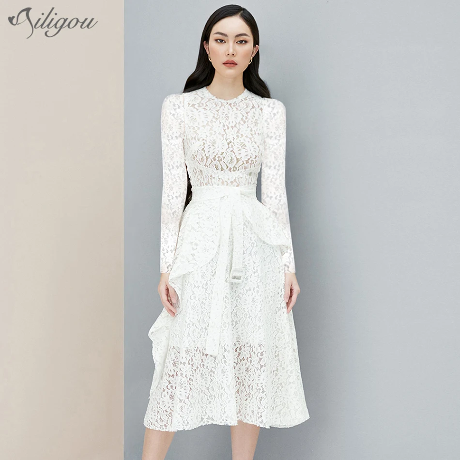 

Ailigou 2021 Summer And Summer Retro Elegant Fashion Women'S Lace Runway Ruffled Sexy White Office Work Clothes Belt Long Dress