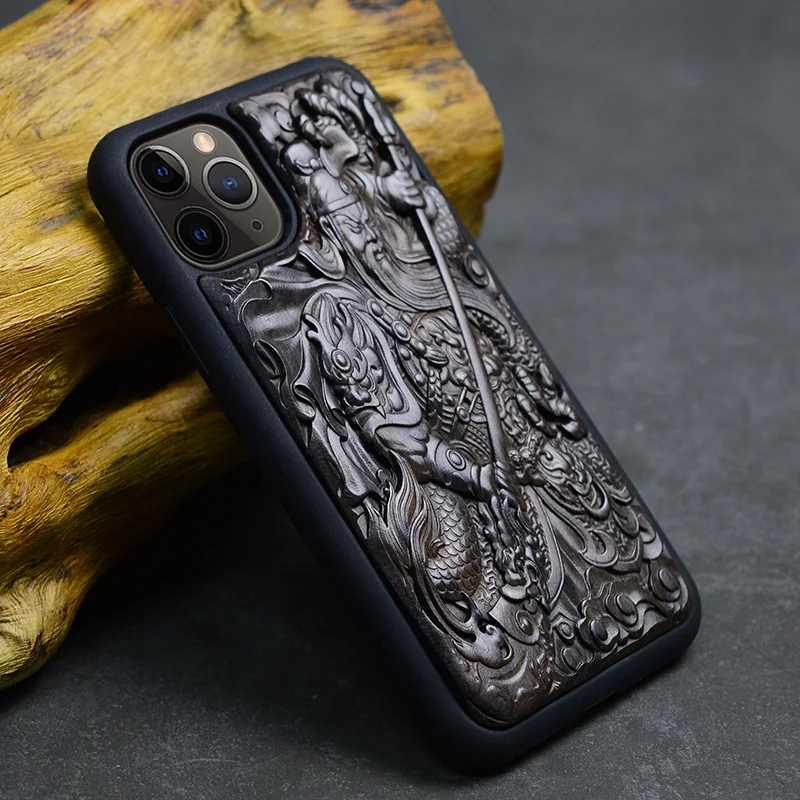 For IPhone 11 Pro Max Luxury Carved 3D Stereo Ebony Wood Case TPU Full Protective Back case Cases for |