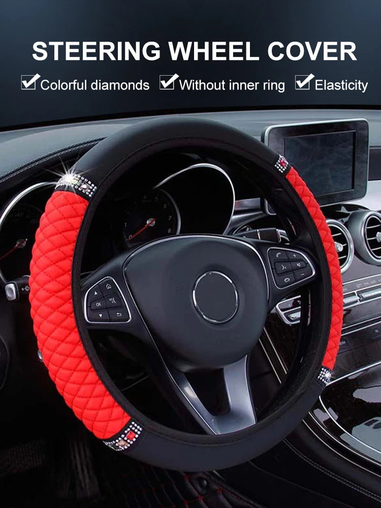 

14.5" 15" Universal Steering Wheel Cover Faux Leather with Rhinestones Embroidery Color Elastic Car Styling Interior Accessories