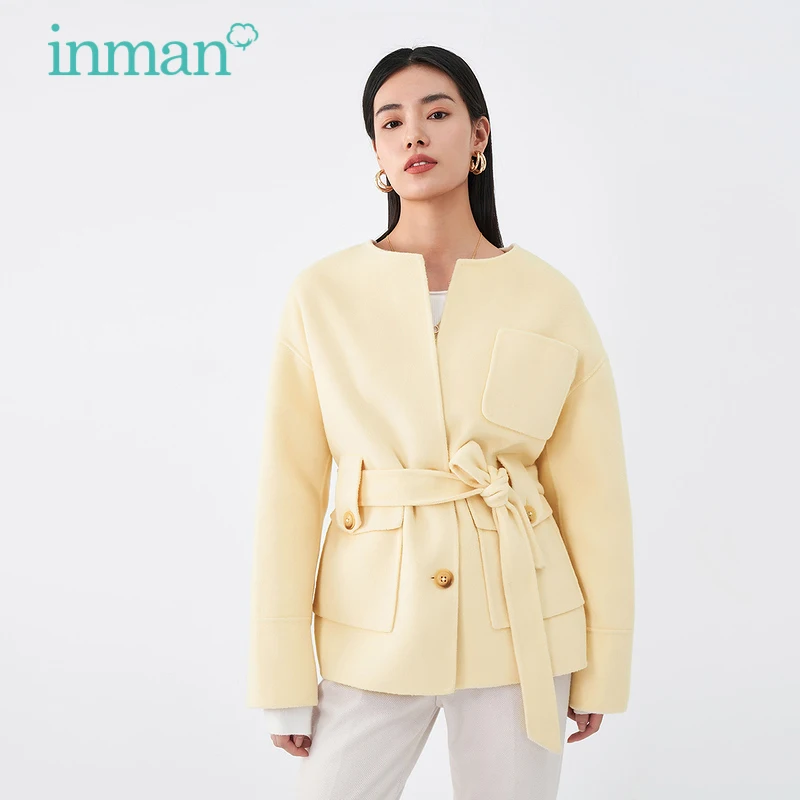 INMAN Women Winter Autumn Coat With Belt Waist Big Pocket Design Buttons Lady Light Yellow Double-sided Woolen Overcoat
