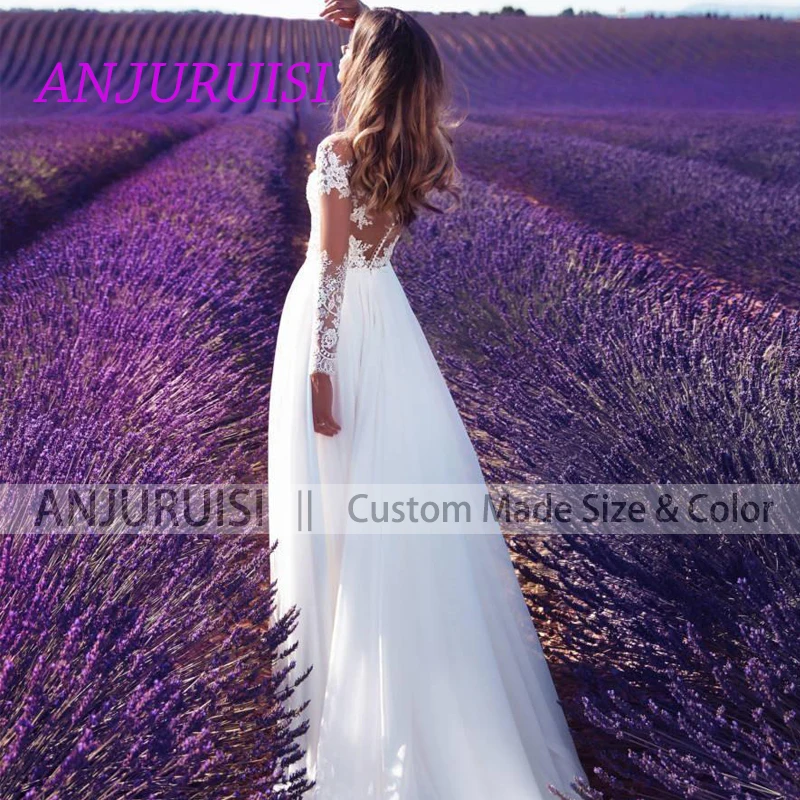 ANJURUISI Boho свадебный наряд пляжное кружевное свадебное платье с аппликацией с длинными рукавами сексуальное свадебное платье с разрезом De Mariee шифон