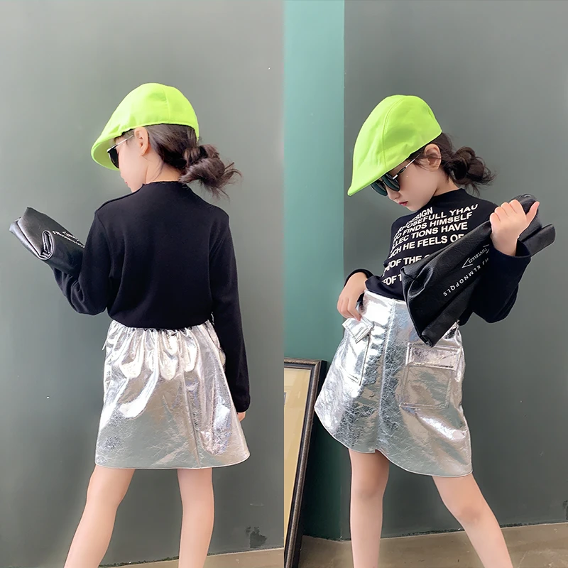 Girls skirt early autumn new bright face laser skirt was thin fashion foreign gas pocket A word skirt