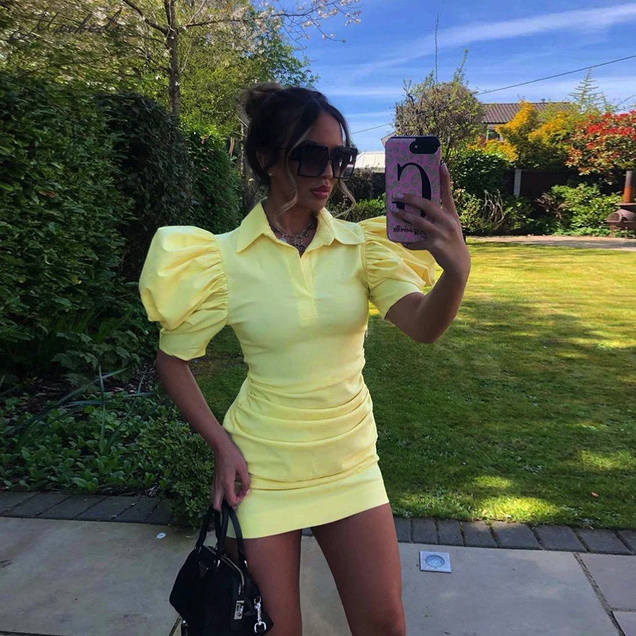 

Macheda Summer Solid Fashion Dress Women Casual Turn-down Collar Puff Short Sleeve Street Party Lady Sexy Mini Dresses New