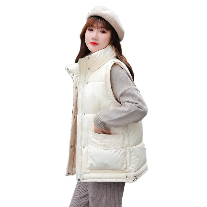 

Autumn New Short Fashion Warm Waistcoat Female Loose Stand Collar Thick Down Cotton Vest 2021 Winter Women Sleeveless Jacket