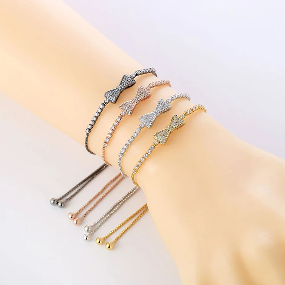 

Copper micro-inlaid zircon bracelet fashion pull bracelet ladies bracelet bow fresh bracelet ladies bracelet