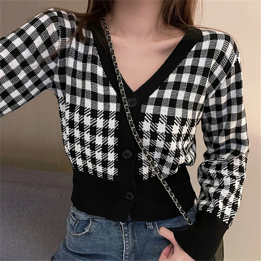 

Autumn Winter Knitted Cardigan Women Long Sleeve Plaid Sweater Coat Korean Style Crop Top Outwear Pull Femme