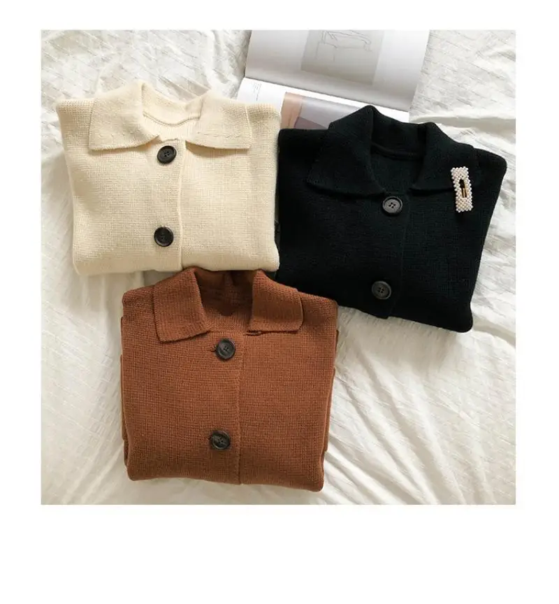 

3 colors 2020 autumn korean style solid color turn down collar knittd cardigans womens sweaters womens