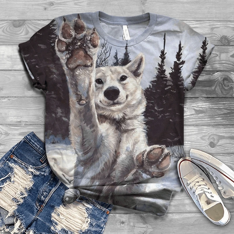 

Women's short-sleeved shirt, animal print short-sleeved shirt, suitable for couples with wolf head