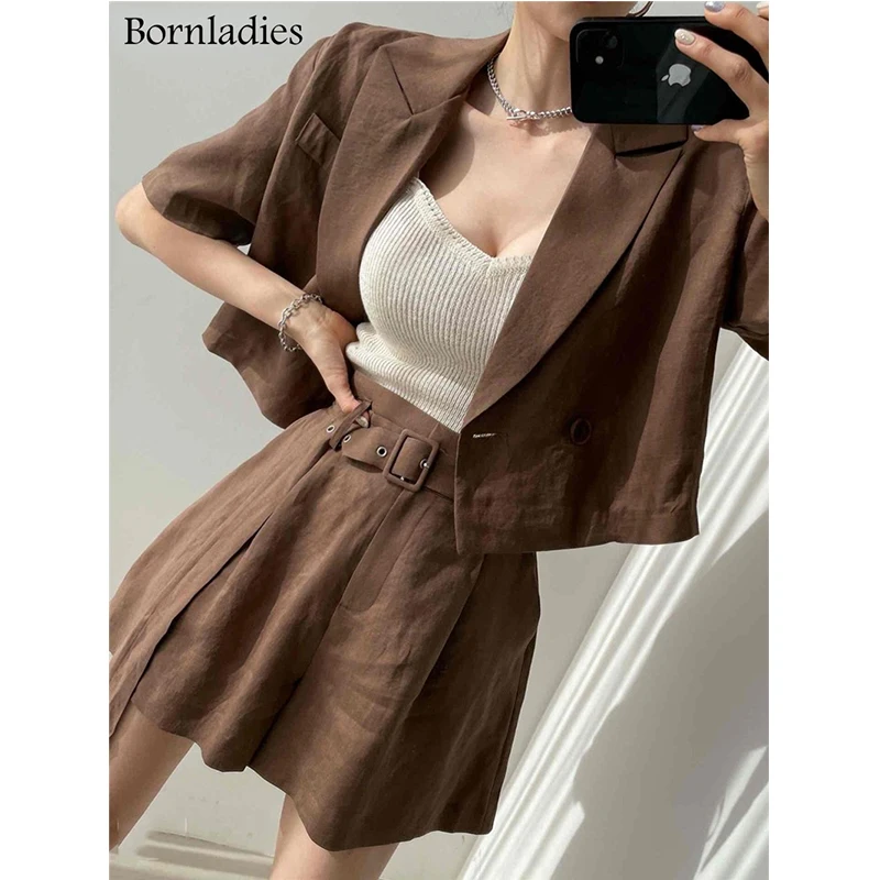 

Bornladies Elegant Casual Solid Short Suits Notched Collar Short Jacket & Belted Loose Shorts 2021 Summer Women Blazer Set