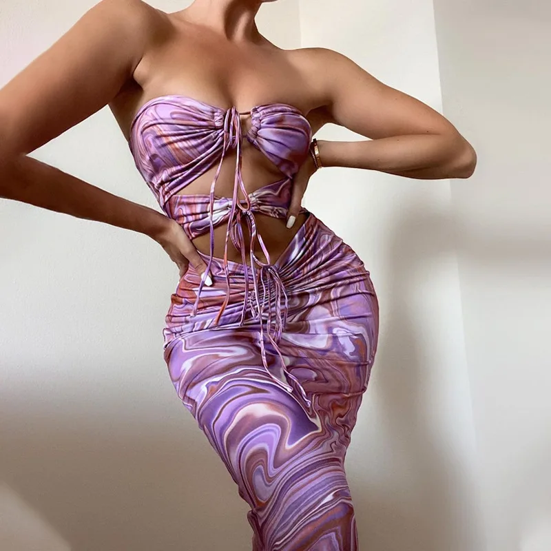 

Women Midi Hollow Out Bodycon Wrap Summer Dress Fashion Party Halter 2021 Ruched Lace Up Dresses