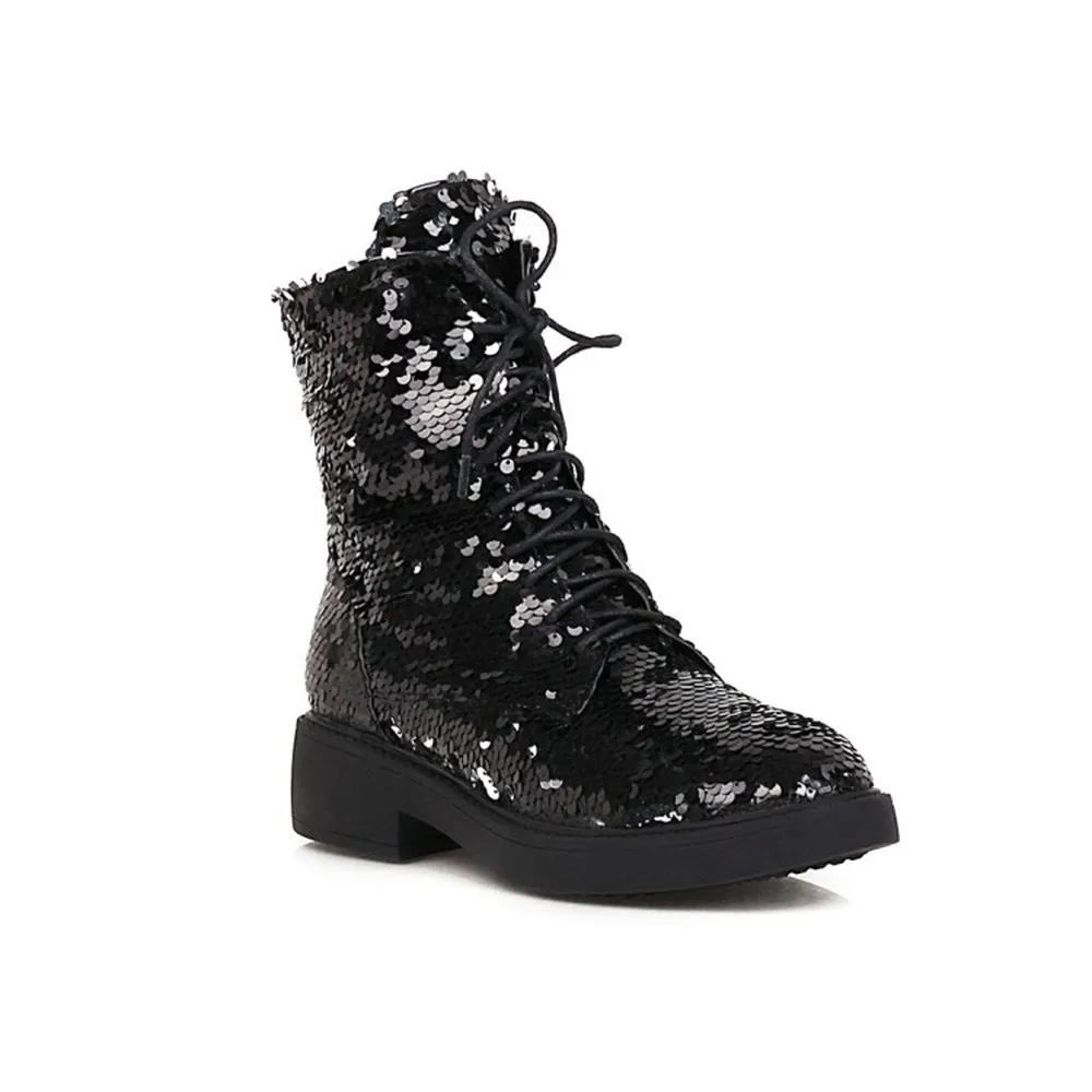 

Hot Sale US4-12 Womens Round Toe Sequins Bling Lace Up Ankle Boots Mid Heel Retro Motorcycle Shoes 4Colors Plus Size 34-43