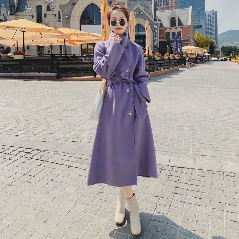 

Winter Woolen Coat Female Long Loose Lavender Fashion Jacket Pure Color Wild Korean Casual Lapel Quality Thickening Ladies Cloak