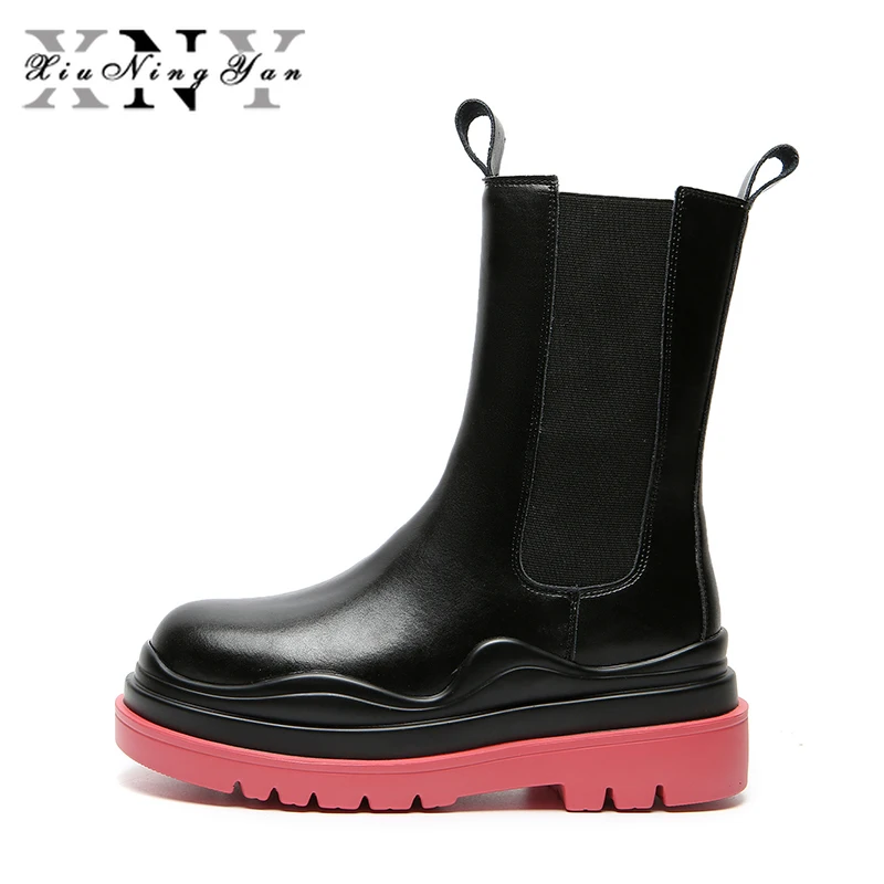 

Xiuningyan Genuine Leather Women Martin Boots British Style Smoke Tube Boots Women's Casual Shoes Platform Chelsea Boots Woman