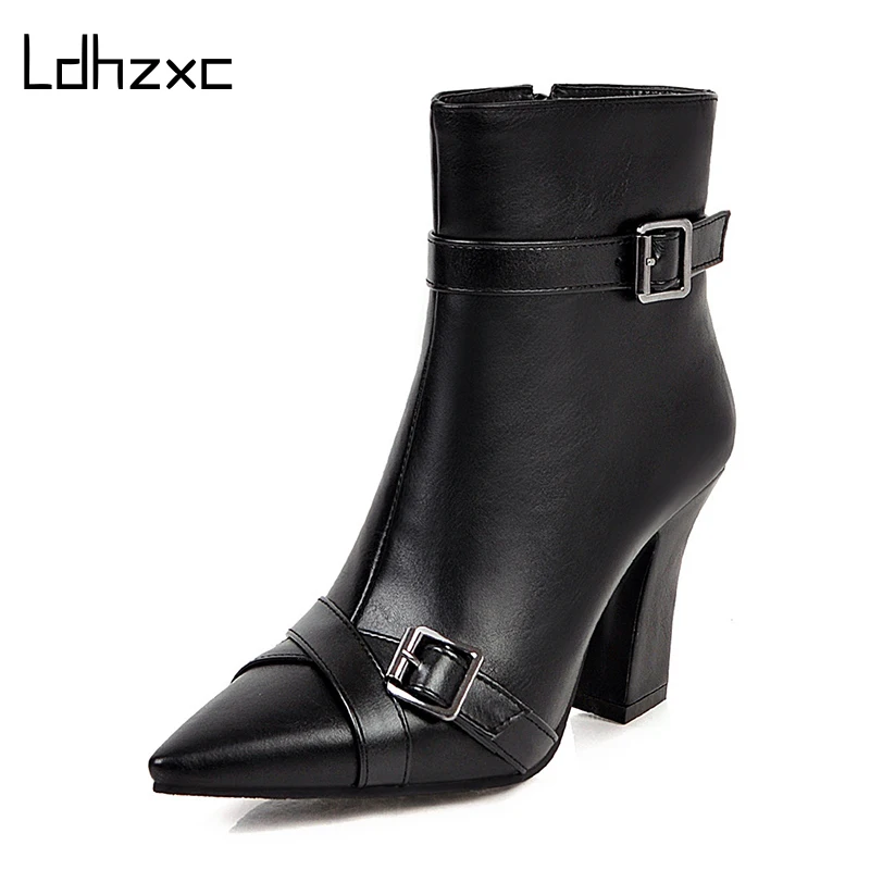 

LDHZXC 2020 Black Ankle Boots For Women Fashion Buckle High Heels Shoes Pary Wedding Shoes Bride Zipper Plus Size 42 43 48