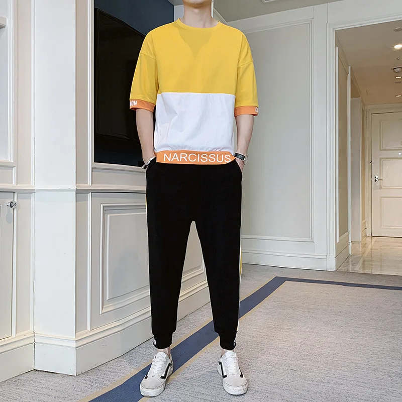 

2021 new men's short sleeve T-shirt summer Korean sports pants suit