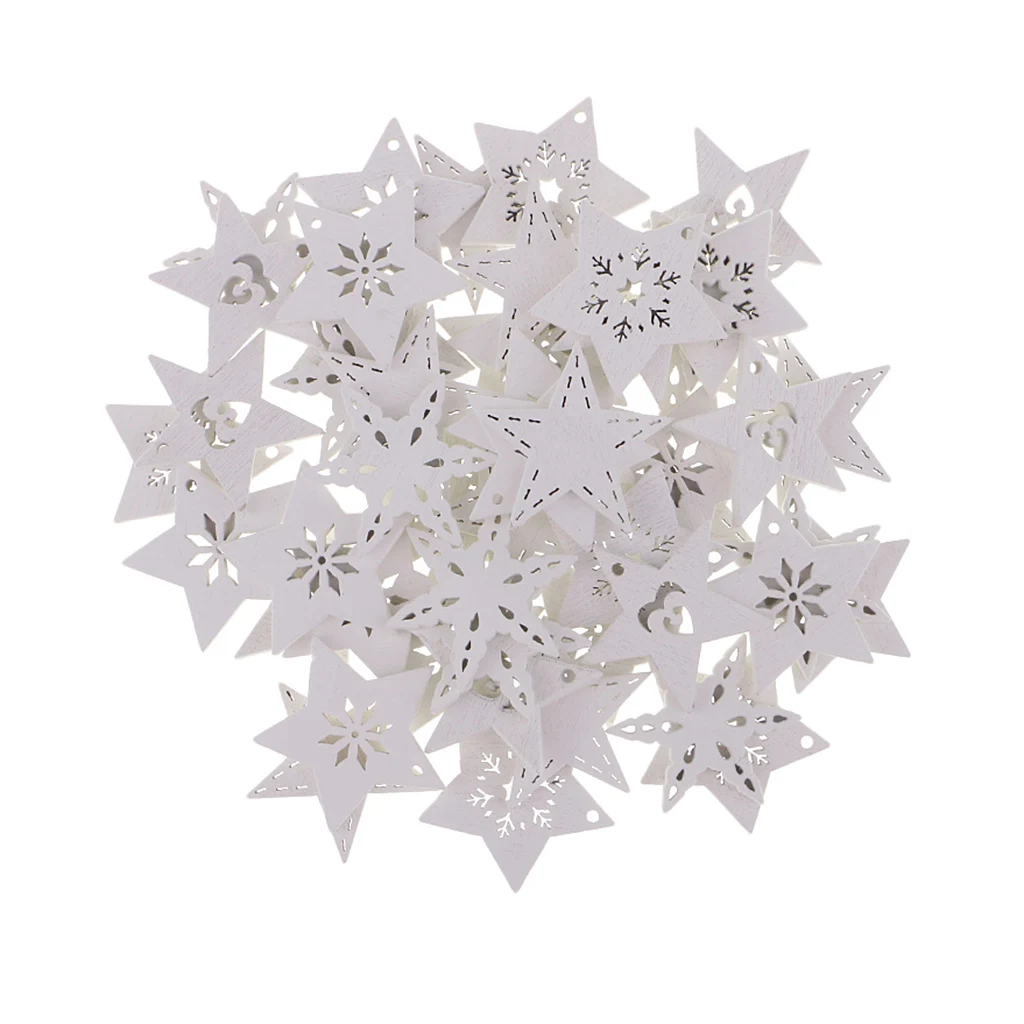 

50Pcs Wooden Christmas Snowflake Star Shaped Wood Slices Hanging Ornament DIY Arts Crafts Xmas Tree Wedding Decoration