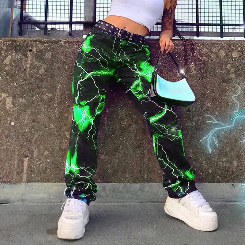 

Personalized lightning print loose straight leg pants women hip hop high waist slim wide leg pants