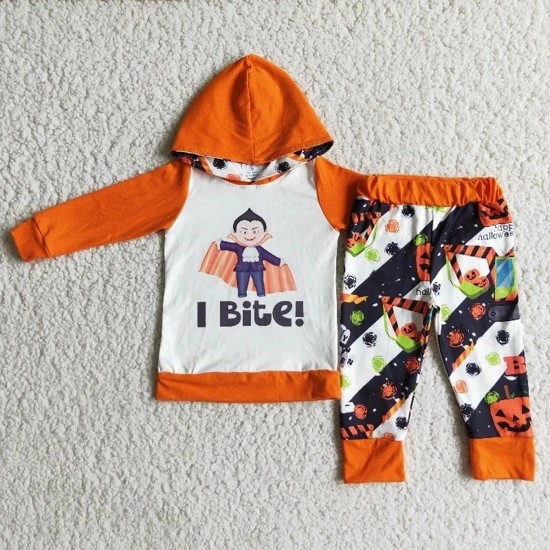 

Wholesale Fall Winter Baby Girl Halloween Pumpkin Clothes Orange Hoodie Shirt Excavator Pants Sweater Children Set Kids Outfit