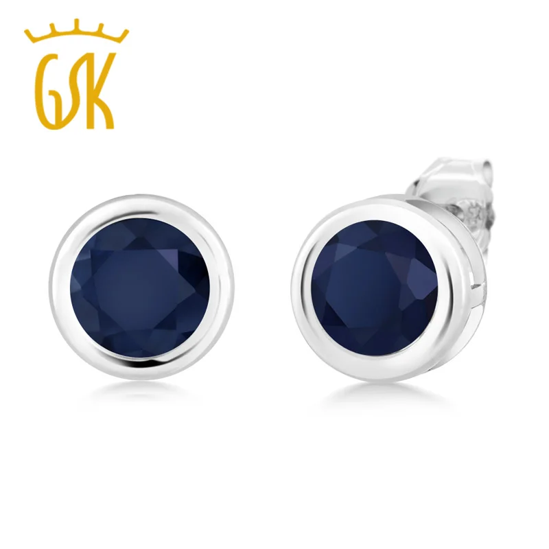GemStoneKing 925 пробы серебряные драгоценные камни ювелирные украшения 2,00 карат круглые 6 мм натуральный синий сапфир серьги гвоздики для женщин