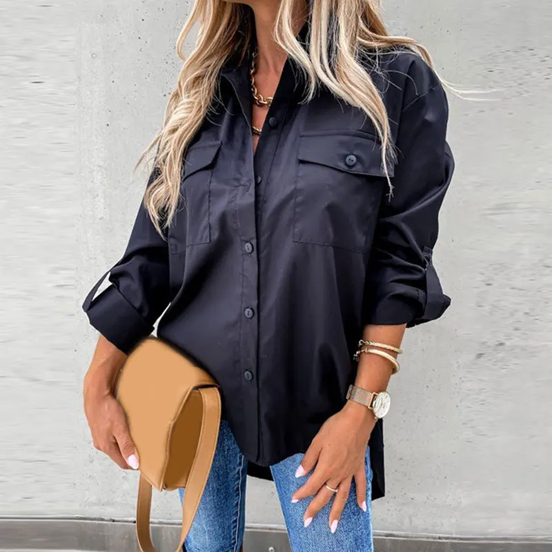 Women Shirts Spring White Black Loose Oversized Lady Long Sleeve Shirt Two Pockets Plus Size Top Casual Turn-down Collar Blouses