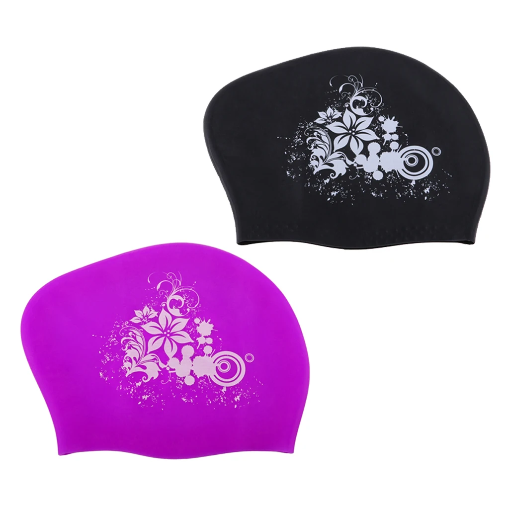 

2Pcs Unisex Swimming Pool Caps Silicone Swim Hats Waterproof Black+Purple Swimming Caps