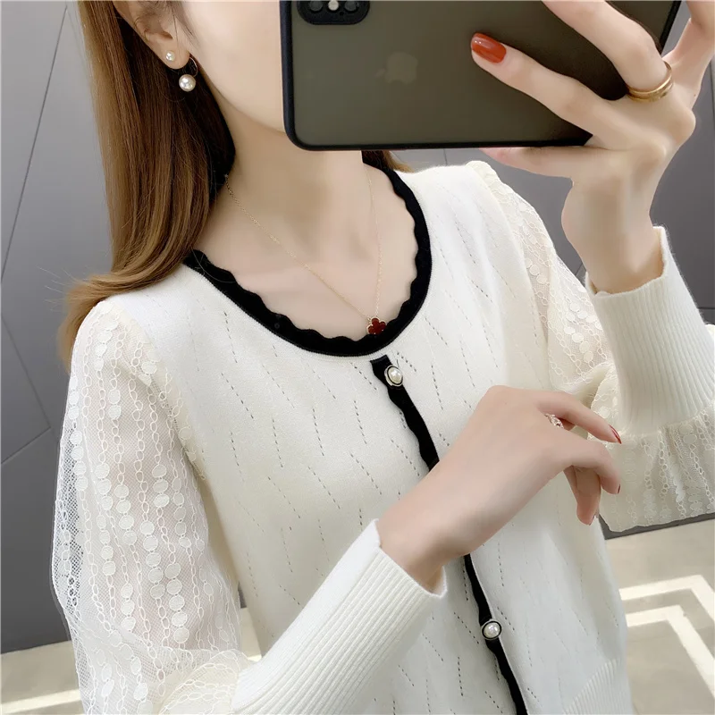 

19888 (3 rooms, 6 rows, No. 6 middle) real shot Korean spring Round Neck Lace button cardigan 53