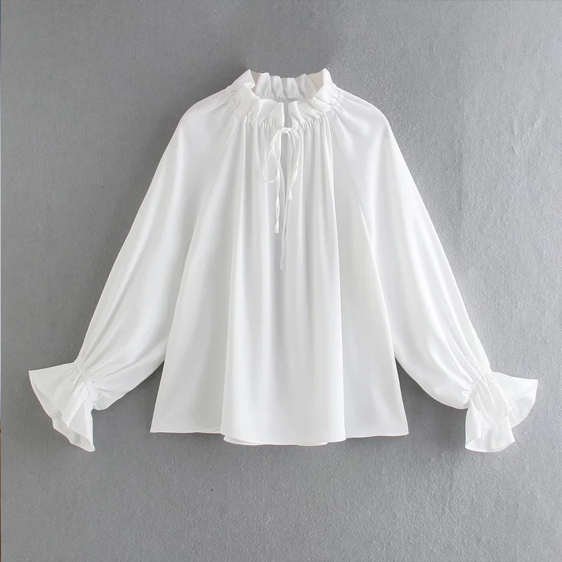 

Женская летняя блузка с оборками, длинным рукавом и бантом
