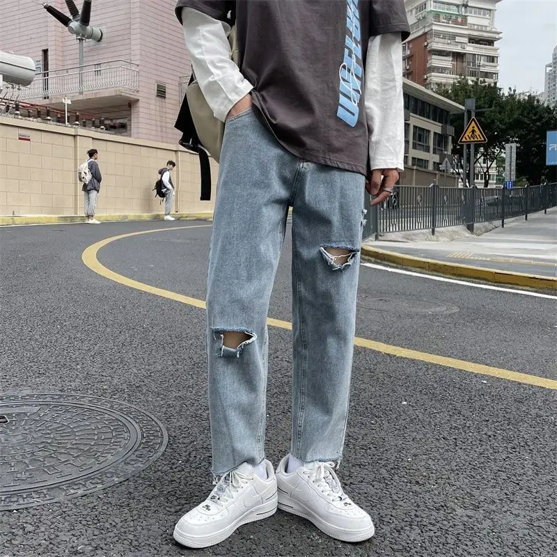 Summer Ripped Jeans Men's Fashion Casual Wide-leg Jeans Men Streetwear Korean Loose Hip-hop Hole Straight Denim Trousers Mens