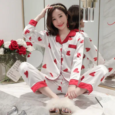 pyjamas women Большой размер 5XL женский атласный Шелковый пижамный комплект с длинным рукавом Цветочный комплект из двух предметов сексуальная пижама Пижамный костюм Женская одежда для сна - Цвет: pyjamas women