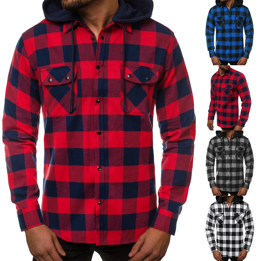 

New Men's Hooded Shirt Long Sleeve Blouse Button Plaid Pockets Man Knit Classic Spring/Autumn Casual Tops Outerwear Check Tunics