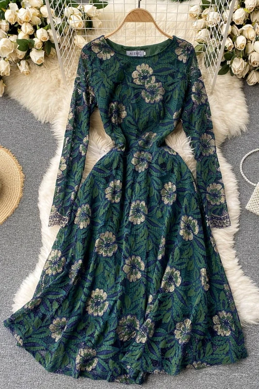 

Elegant lace party maxi dress women's o-neck hook flower hollow Vintage Floral collect waist MIDI dress High Quality 2021 autumn