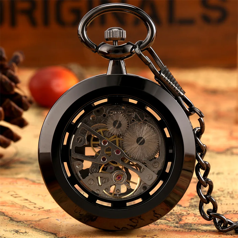 Vintage Black Skeleton Mechanical Hand Winding Pocket Watch Open Face Pendant Pocket Clock Thick Chain Antique Timepiece